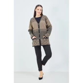 Kadın Vizon Renk Desenli Triko Düğmeli Cepli Kışlık Anne Hırkası - 6