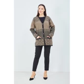 Kadın Vizon Renk Desenli Triko Düğmeli Cepli Kışlık Anne Hırkası - 7