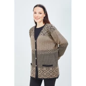 Kadın Vizon Renk Desenli Triko Düğmeli Cepli Kışlık Anne Hırkası - 5