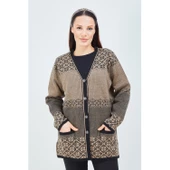 Kadın Vizon Renk Desenli Triko Düğmeli Cepli Kışlık Anne Hırkası - 1