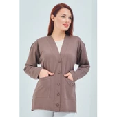 Kadın Vizon Mevsimlik Cepli Düğmeli Kısa Penye Hırka - 1