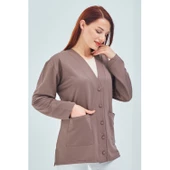 Kadın Vizon Mevsimlik Cepli Düğmeli Kısa Penye Hırka - 3