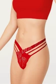 Kadın Kırmızı Önü Dantel Çapraz İpli Taşlı String Tanga - 1