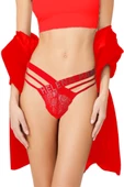 Kadın Kırmızı Önü Dantel Çapraz İpli Taşlı String Tanga - 2