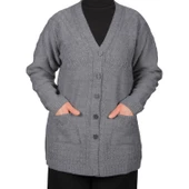 Büyük Beden Kadın Gri Düğmeli Kısa Hırka - 1