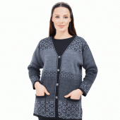 Fresh&Moda Kadın Siyah Gri Desenli  Düğmeli Triko Cepli Kışlık Anne Hırkası - 1