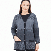 Fresh&Moda Kadın Siyah Gri Desenli  Düğmeli Triko Cepli Kışlık Anne Hırkası - 3