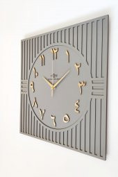 aSSe Tasarım Kare Çizgi Desenli ARAPÇA Rakam Dekoratif Antrasit&Gold Duvar Saati 50x50cm - 2