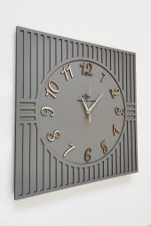 aSSe Tasarım Kare Çizgi Desenli Türkçe Rakam Antrasit & Gold Dekoratif Siyah&Gümüş 50x50cm Duvar Saati - 1