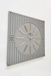 aSSe Tasarım Özel Lüx Kare Çizgi Desenli Ayna  Pleksi Dekoratif Antrasit & Gold Duvar Saati 50x50cm - 1