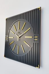 aSSe Tasarım Özel Lüx Çizgi Desenli Ayna  Pleksi Dekoratif Siyah & Gold Kare Duvar Saati 50x50cm - 3