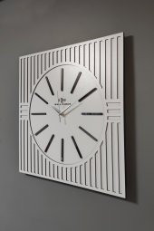 aSSe Tasarım Kare Çizgi Desenli Ayna  Pleksi Dekoratif Beyaz&Gümüş Duvar Saati thumbnail 3