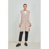 Kadın Siyah  Uzun Cepli Düğmeli Penye Anne Büyük Beden Tunik Yelek - 5