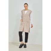 Kadın Siyah  Uzun Cepli Düğmeli Penye Anne Büyük Beden Tunik Yelek - 6