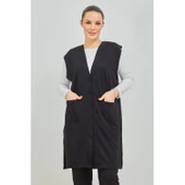 Kadın Siyah  Uzun Cepli Düğmeli Penye Anne Büyük Beden Tunik Yelek - 1