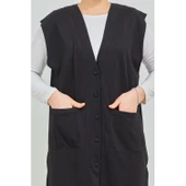 Kadın Siyah  Uzun Cepli Düğmeli Penye Anne Büyük Beden Tunik Yelek - 2