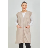 Kadın Siyah  Uzun Cepli Düğmeli Penye Anne Büyük Beden Tunik Yelek - 4