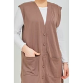 Kadın Siyah  Uzun Cepli Düğmeli Penye Anne Büyük Beden Tunik Yelek - 11