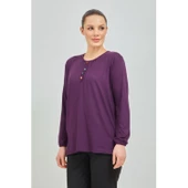 Kadın Siyah Kolu Lastikli Likralı Anne Penye Bluz - 10