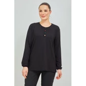 Kadın Siyah Kolu Lastikli Likralı Anne Penye Bluz - 2