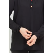 Kadın Siyah Kolu Lastikli Likralı Anne Penye Bluz - 3