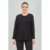 Kadın Siyah Kolu Lastikli Likralı Anne Penye Bluz - 1