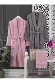 4 Parça Aile Bornoz Seti Kadın Erkek Havlulu Bornoz Takımı Pembe Gri - 2