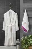 4 Parça Aile Bornoz Seti Kadın Erkek Havlulu Bornoz Takımı Beyaz Set - 4