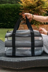 Boy Bag Siyah Çizgili Şeffaf XL Plaj Çantası thumbnail 1