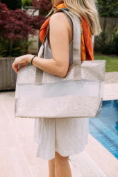 Tote Bag Bej Çizgili Şeffaf XL Plaj Çantası - 1