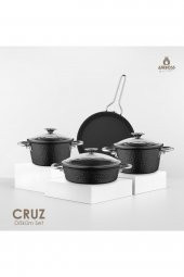 Cruz 7 Parça Payrex Cam Kapaklı Granit Döküm Tencere Seti - Siyah - 1