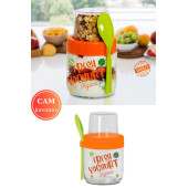 Flosoft Kaşıklı Cam Müsli Kabı, Meyve Yoğurt Yulaf Müsli GranolaDiyet Saklama Kabı 425ml - 1