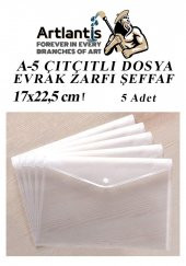 A5 Çıtçıtlı Dosya Şeffaf 5 Adet A-5 Çıtçıtlı Zarf Dosya Transparan 17x22.5 cm Küçük Boy Çıtçıtlı Dosya - 1