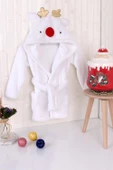 %100 Polyester Beyaz Çocuk Kapüşonlu Sabahlık Bornoz Ev Giyim - 4