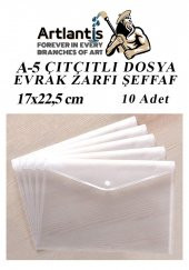 A5 Çıtçıtlı Dosya Şeffaf 10 Adet A-5 Çıtçıtlı Zarf Dosya Transparan 17x22.5 cm Küçük Boy Çıtçıtlı Dosya - 1