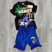 Gamer Yazı Desenli Cepli Şortlu Mavi Renk Erkek Çocuk Takım - 1