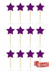 Mor Yıldız Simli Eva Kürdan Cupcake Toppers Cupcake Çubuğu 12li - 3