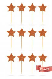 Turuncu Yıldız Simli Eva Kürdan Cupcake Toppers Cupcake Çubuğu 12li - 3