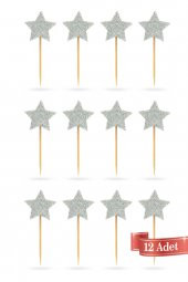 Beyaz Yıldız Simli Eva Kürdan Cupcake Toppers Cupcake Çubuğu 12li - 3