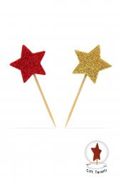 Gold-Kırmızı Çift Taraflı  Yıldız Simli Eva Kürdan Cupcake Toppers Cupcake Çubuğu 12li - 2