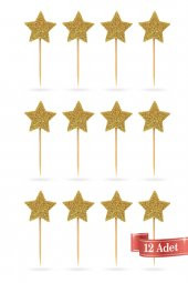 Gold-Kırmızı Çift Taraflı  Yıldız Simli Eva Kürdan Cupcake Toppers Cupcake Çubuğu 12li - 3