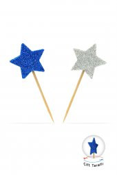 Mavi-Beyaz Çift Taraflı  Yıldız Simli Eva Kürdan Cupcake Toppers Cupcake Çubuğu 12li - 2