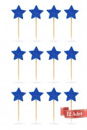 Mavi-Beyaz Çift Taraflı  Yıldız Simli Eva Kürdan Cupcake Toppers Cupcake Çubuğu 12li - 3