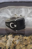 Kare Oniks Taşlı Ayyıldız 925 Gümüş Erkek Yüzük - 7