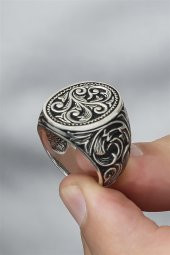 Oyma Desenli Taşsız 925 Gümüş Erkek Yüzük thumbnail 5