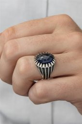 Oval Parlament Mavisi Taşlı 925 Gümüş Erkek Yüzük thumbnail 3