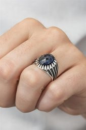 Oval Parlament Mavisi Taşlı 925 Gümüş Erkek Yüzük thumbnail 4