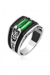 2 Sıra Yeşil Baget Taşlı 925 Gümüş Erkek Yüzük thumbnail 1