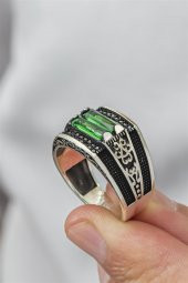 2 Sıra Yeşil Baget Taşlı 925 Gümüş Erkek Yüzük thumbnail 3
