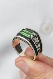 2 Sıra Yeşil Baget Taşlı 925 Gümüş Erkek Yüzük thumbnail 4